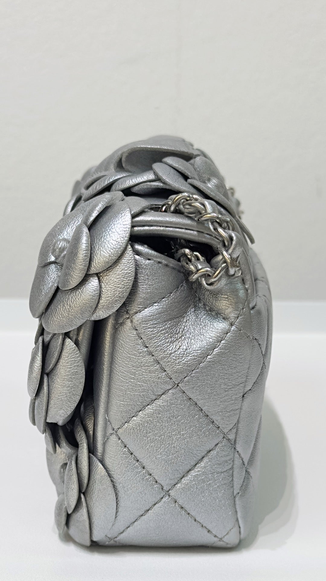 Chanel Mini Camellia Lambskin Shiny Silver SHW