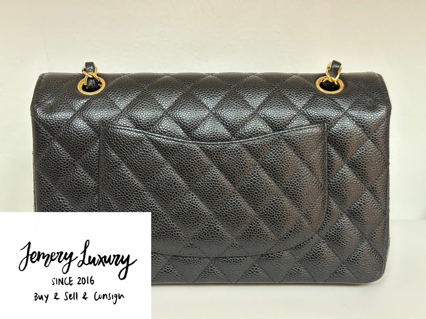 Chanel Medium Size Classic Quilted Caviar Double Flap Bag Black 3022 holo card