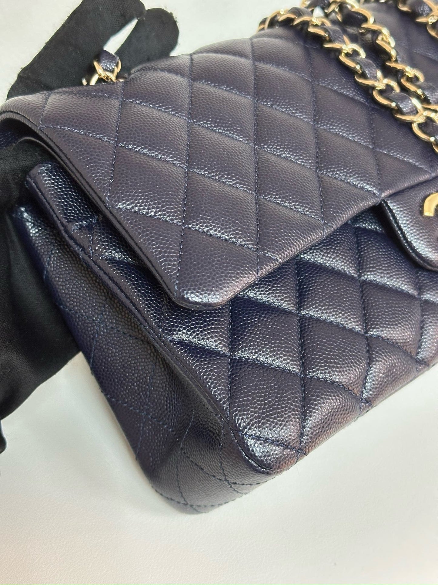 Chanel Medium Classic Caviar Double Flap Navy Blue Bag LSHW 2021year Microchip