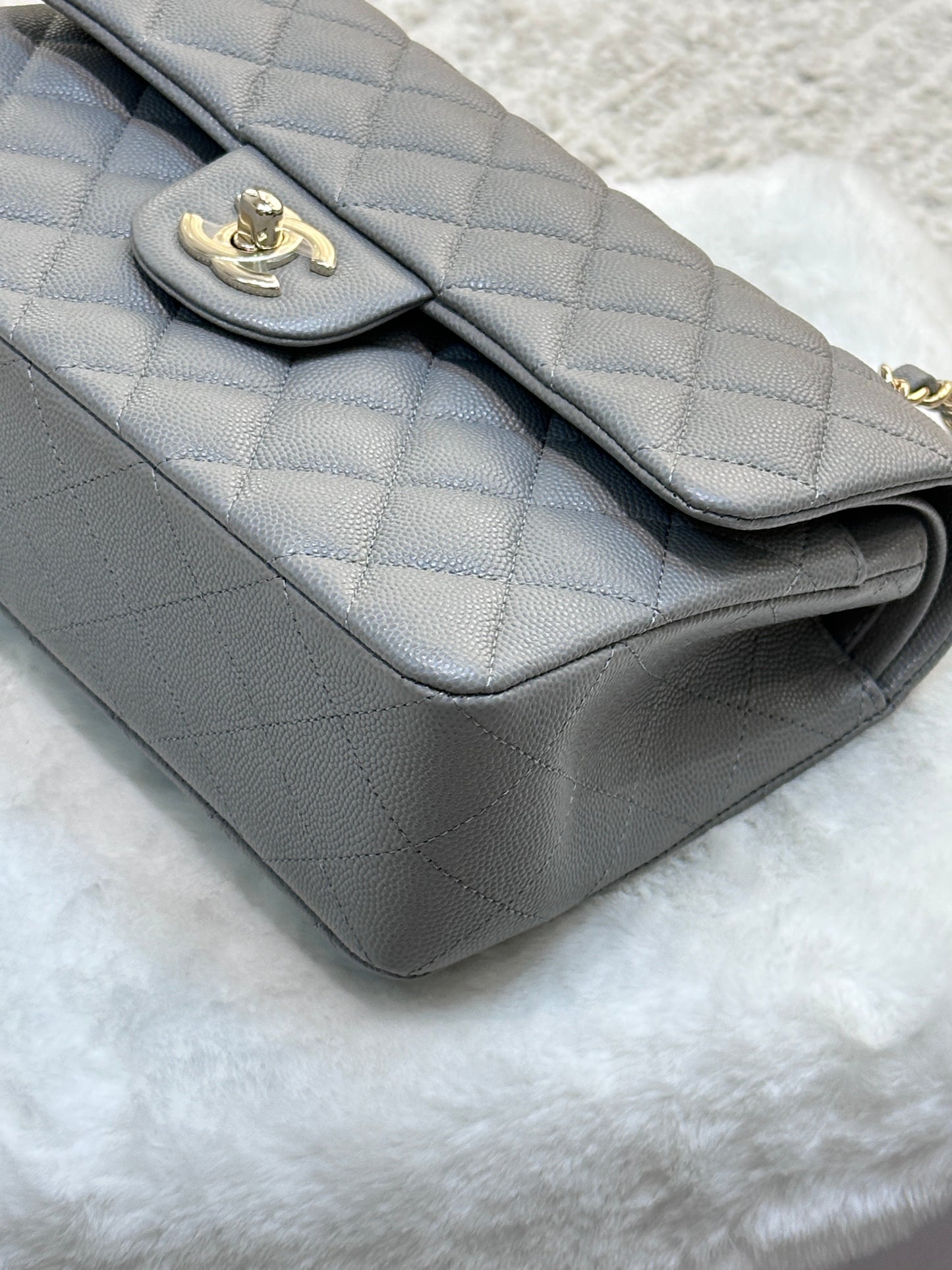 Chanel Small Caviar Quilted Double Flap Grey 21B Unused Condition