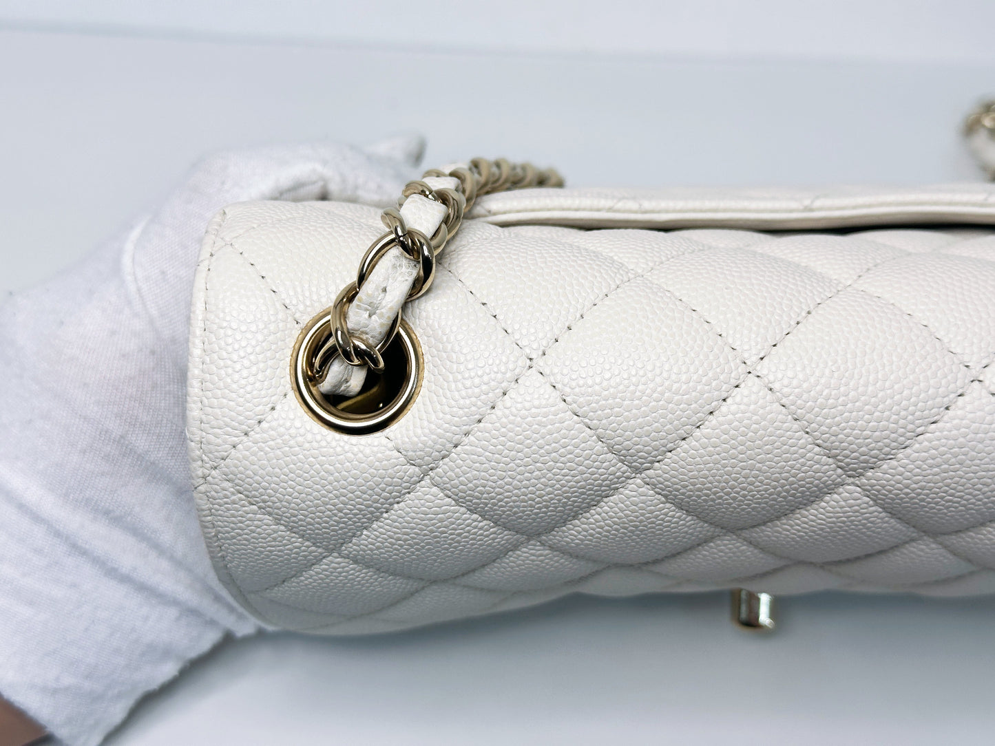 Chanel Mini Rectangular Caviar Classic White GHW 2382 holo card