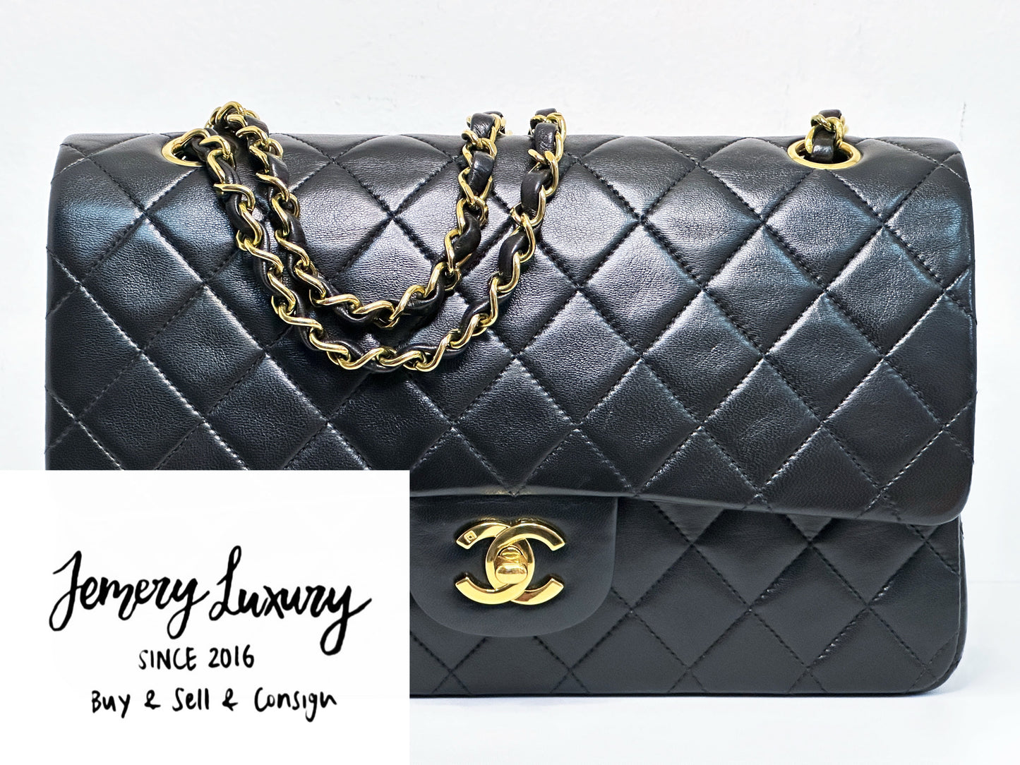 Chanel Vintage Black Quilted Lambskin Medium Classic Double Flap Bag 2843 holo card