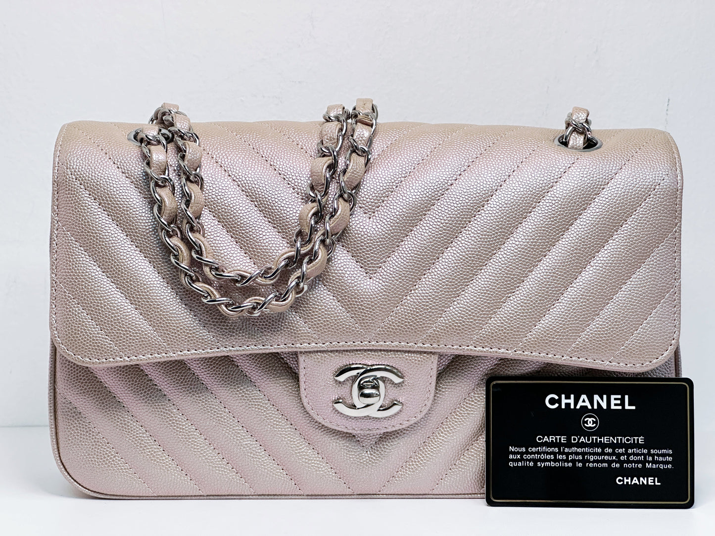 Chanel Medium Classic Chevron Caviar Double Flap Rose Gold SHW 24769 holo card