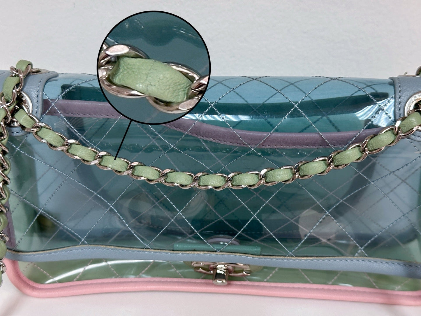 Chanel Coco Splash PVC Medium Flap Bag Pink/Blue/Green Holo card 2569