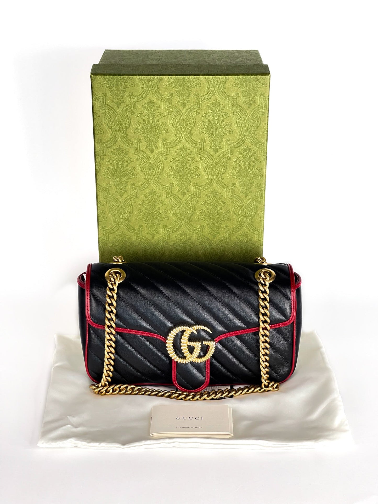 Gucci Calfskin Matelasse Diagonal Small Torchon GG Marmont Shoulder Bag Black Romantic Cherry