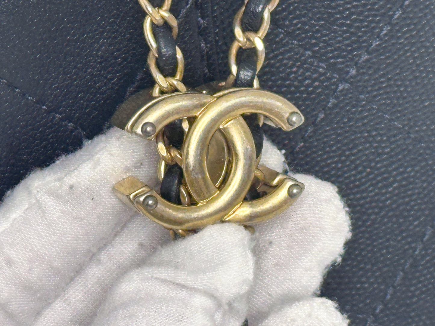 Chanel Drawstring Bucket Bag Quilted Black Caviar Aged Gold Hardware 3088 holo card
