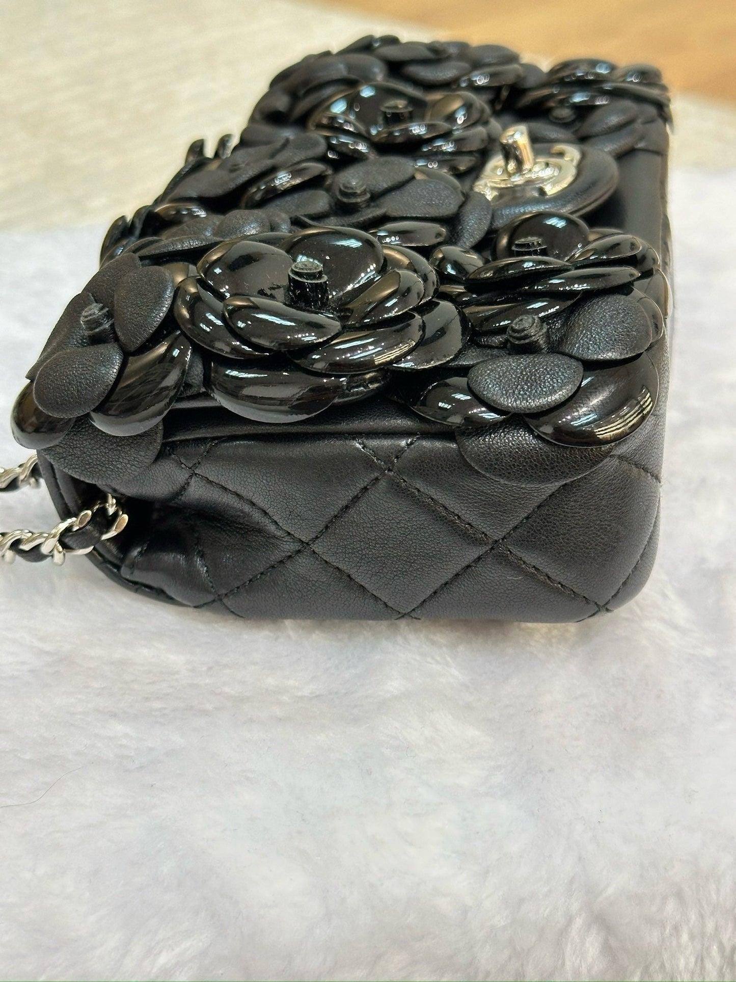 Chanel Mini Limited Edition Black Camellia Lambskin Flap Bag