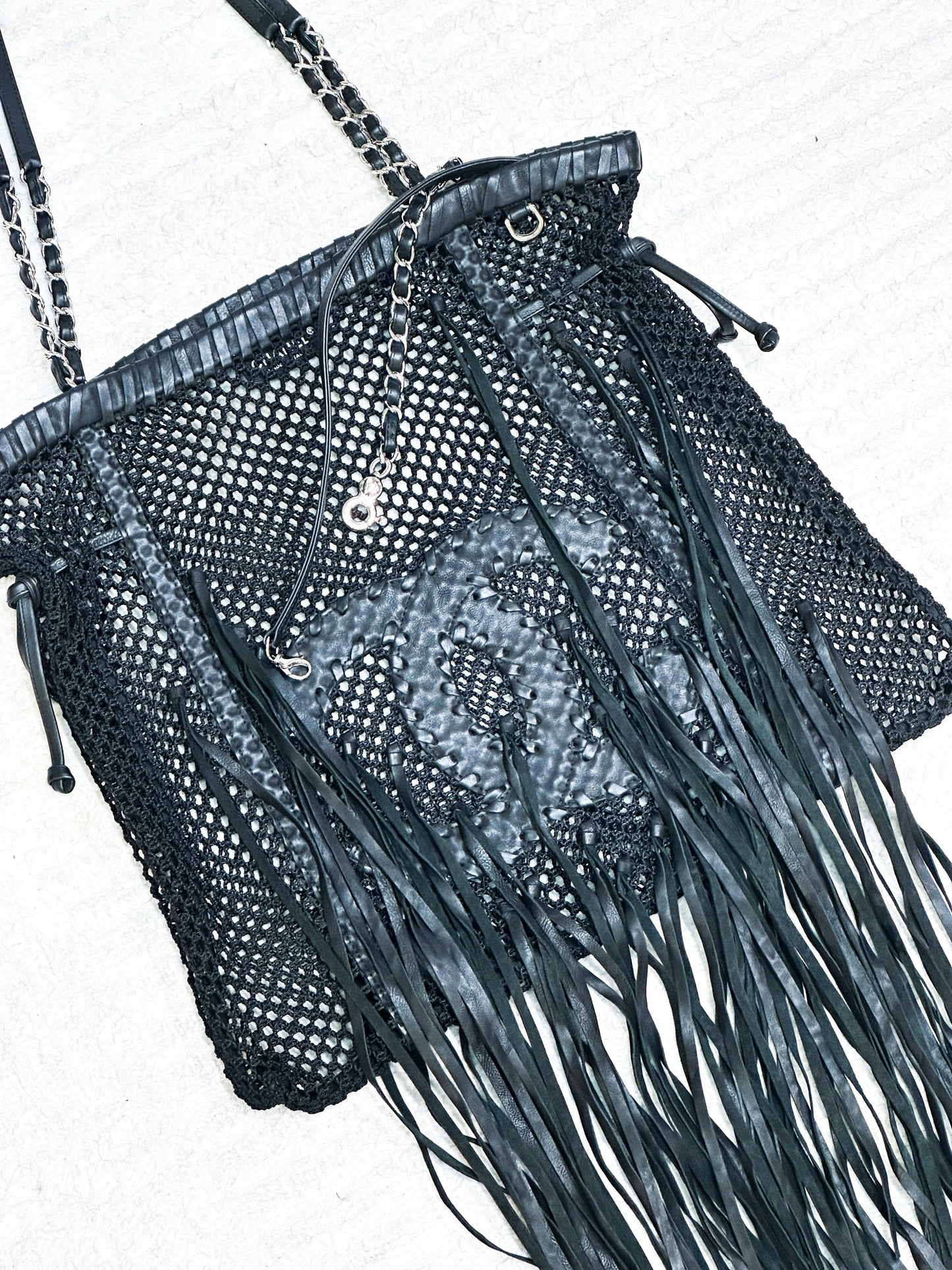 Chanel Limited Edition Resort 2011 Black Fringe Mesh Tote Bag 1373 holo card
