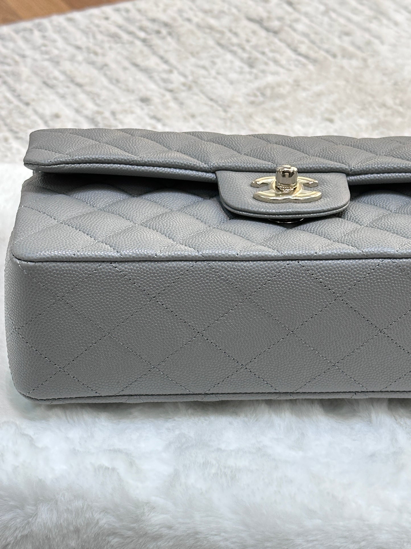 Chanel Small Caviar Quilted Double Flap Grey 21B Unused Condition