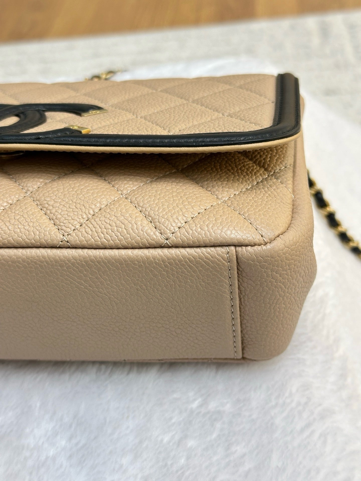 Chanel Small Caviar Quilted CC Filigree Flap Beige Black GHW