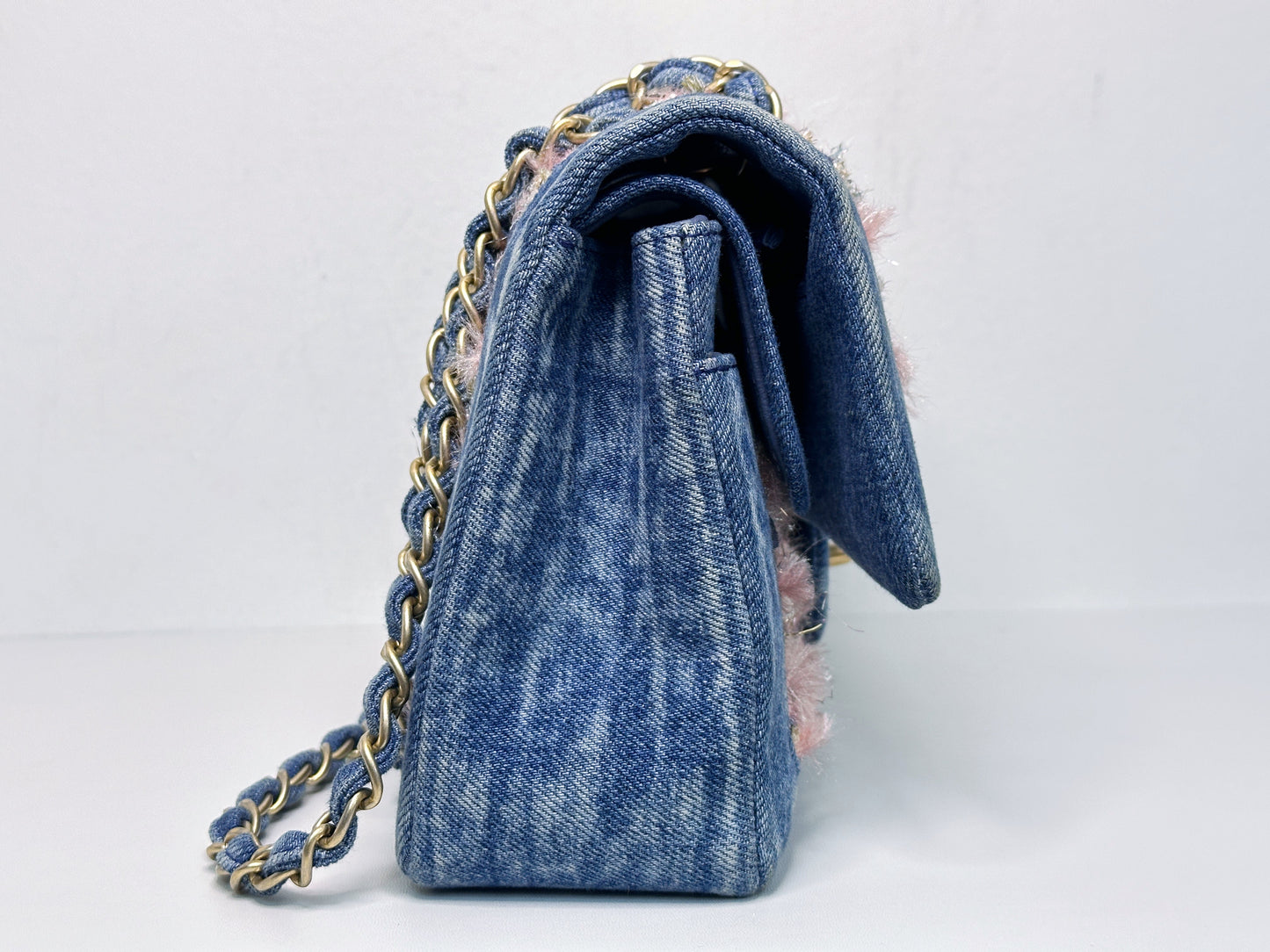 Chanel Pink, Silver, and Gold Tweed and Denim Medium Classic Double Flap Gold Hardware, 2016