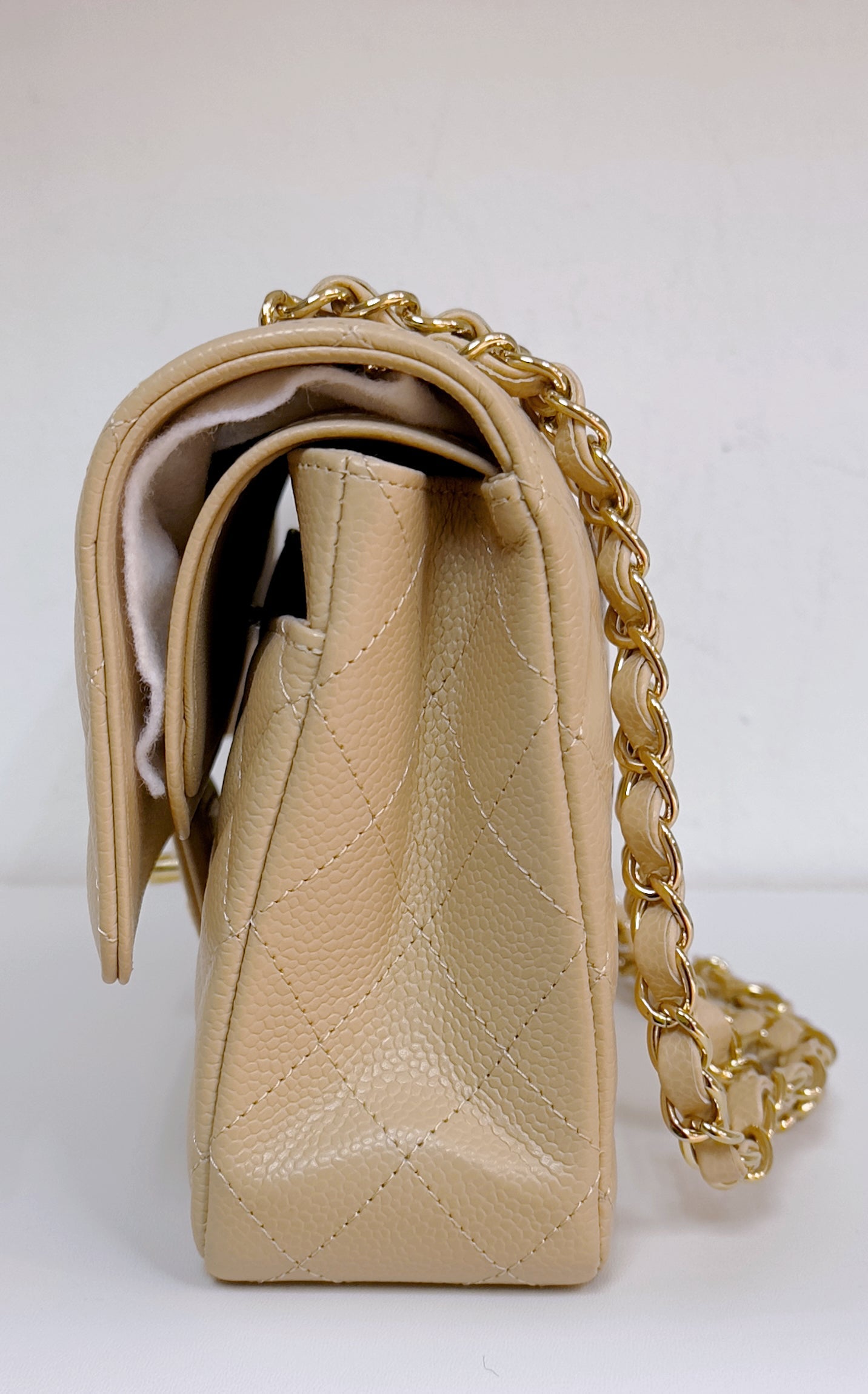 Chanel Medium Beige Classic Caviar Double Flap Bag GHW Microchip Singapore local Receipt