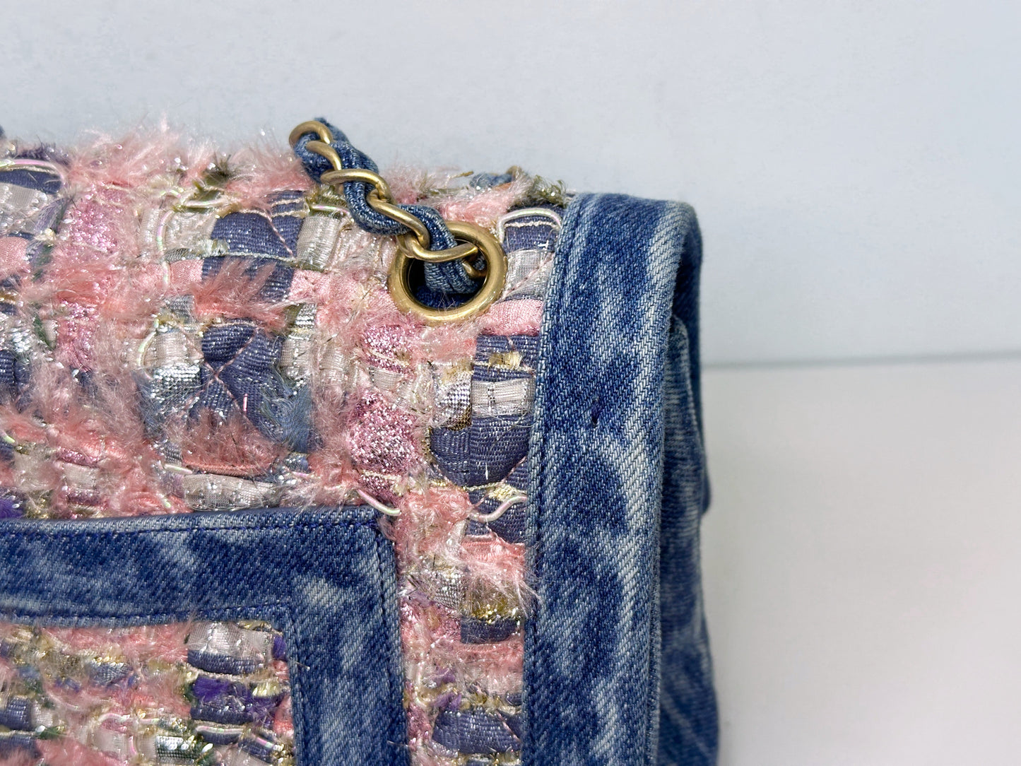 Chanel Pink, Silver, and Gold Tweed and Denim Medium Classic Double Flap Gold Hardware, 2016