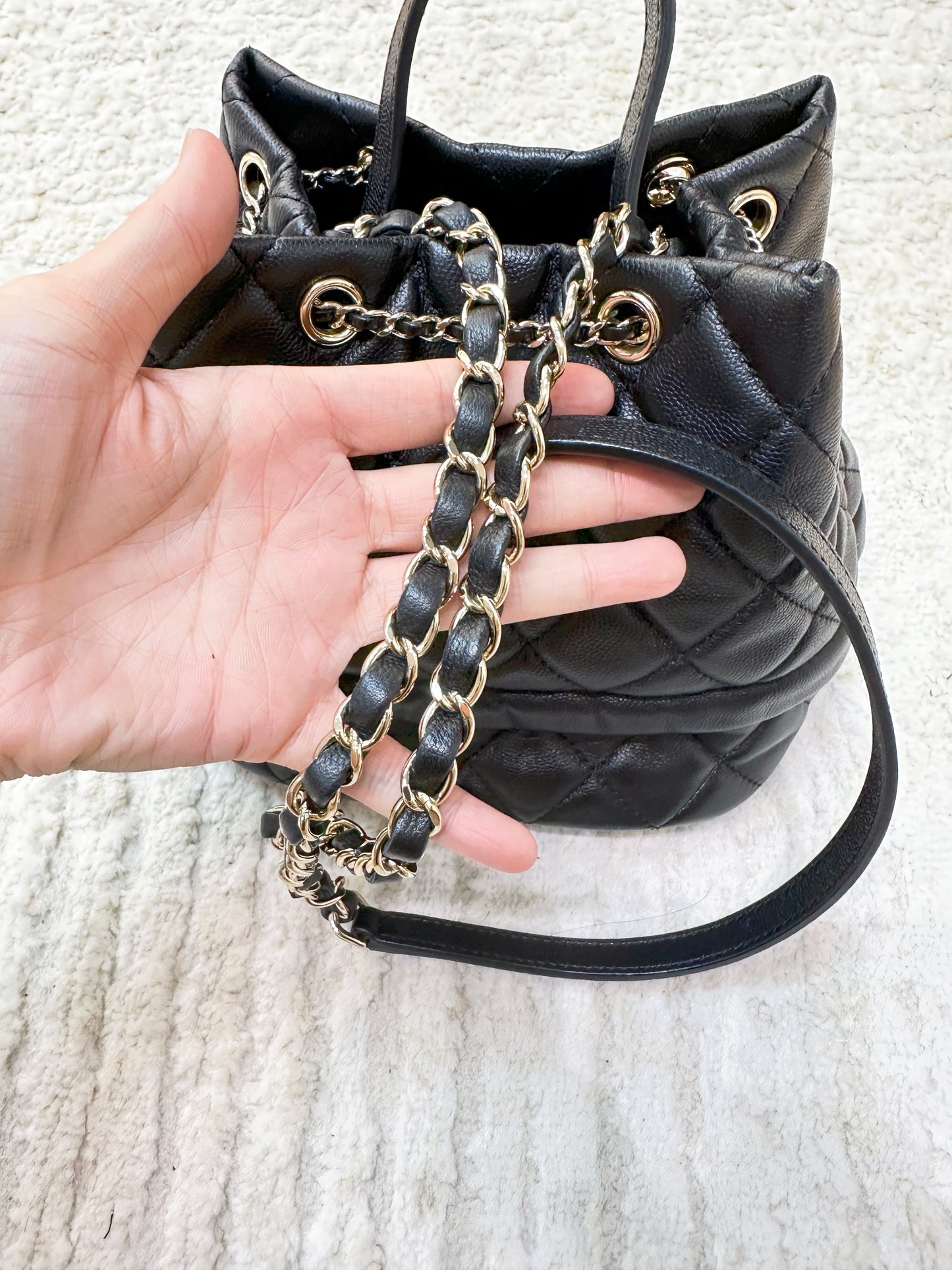 CHANEL Caviar Quilted Rolled Up Bucket Drawstring Bag Black