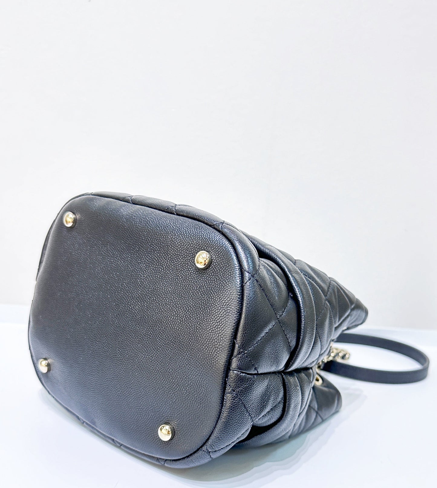 CHANEL Caviar Quilted Rolled Up Bucket Drawstring Bag Black