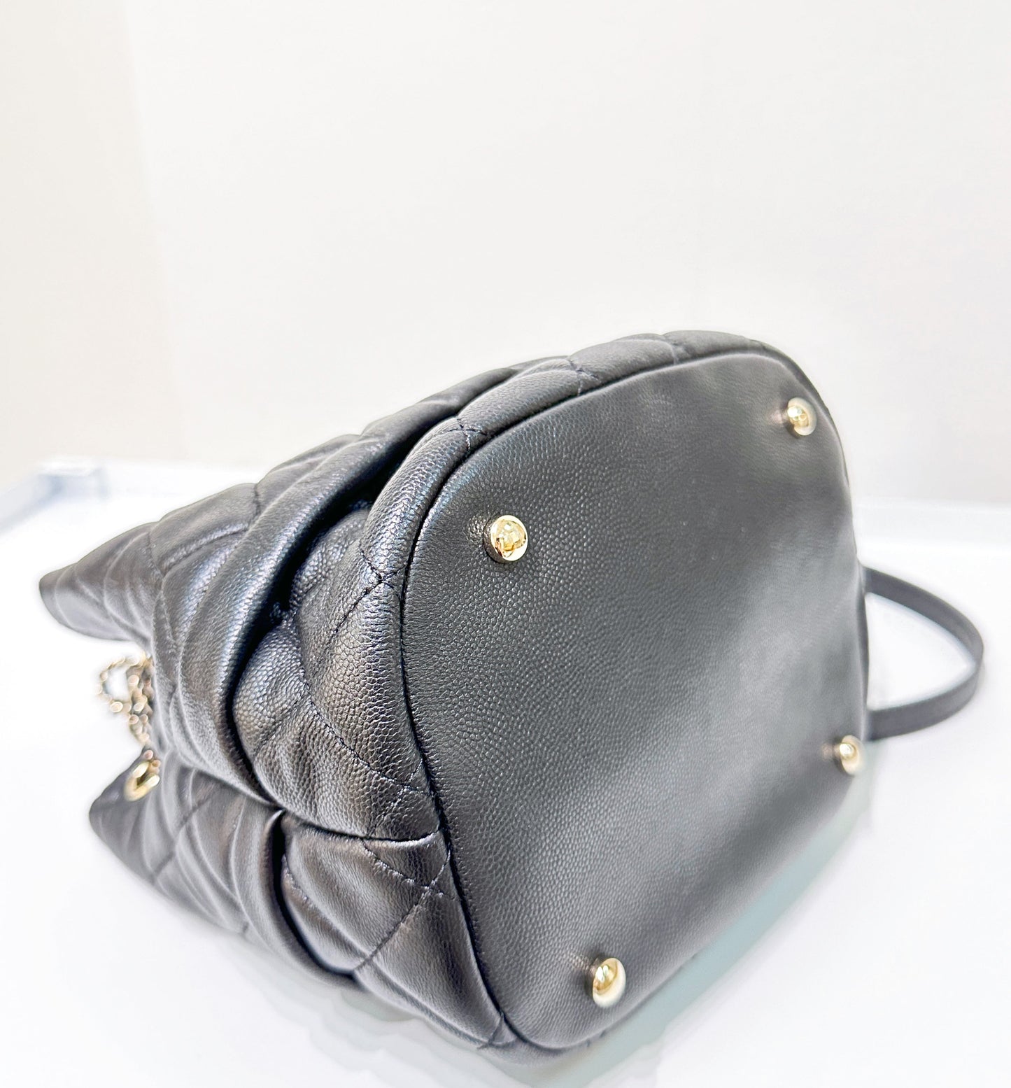 CHANEL Caviar Quilted Rolled Up Bucket Drawstring Bag Black