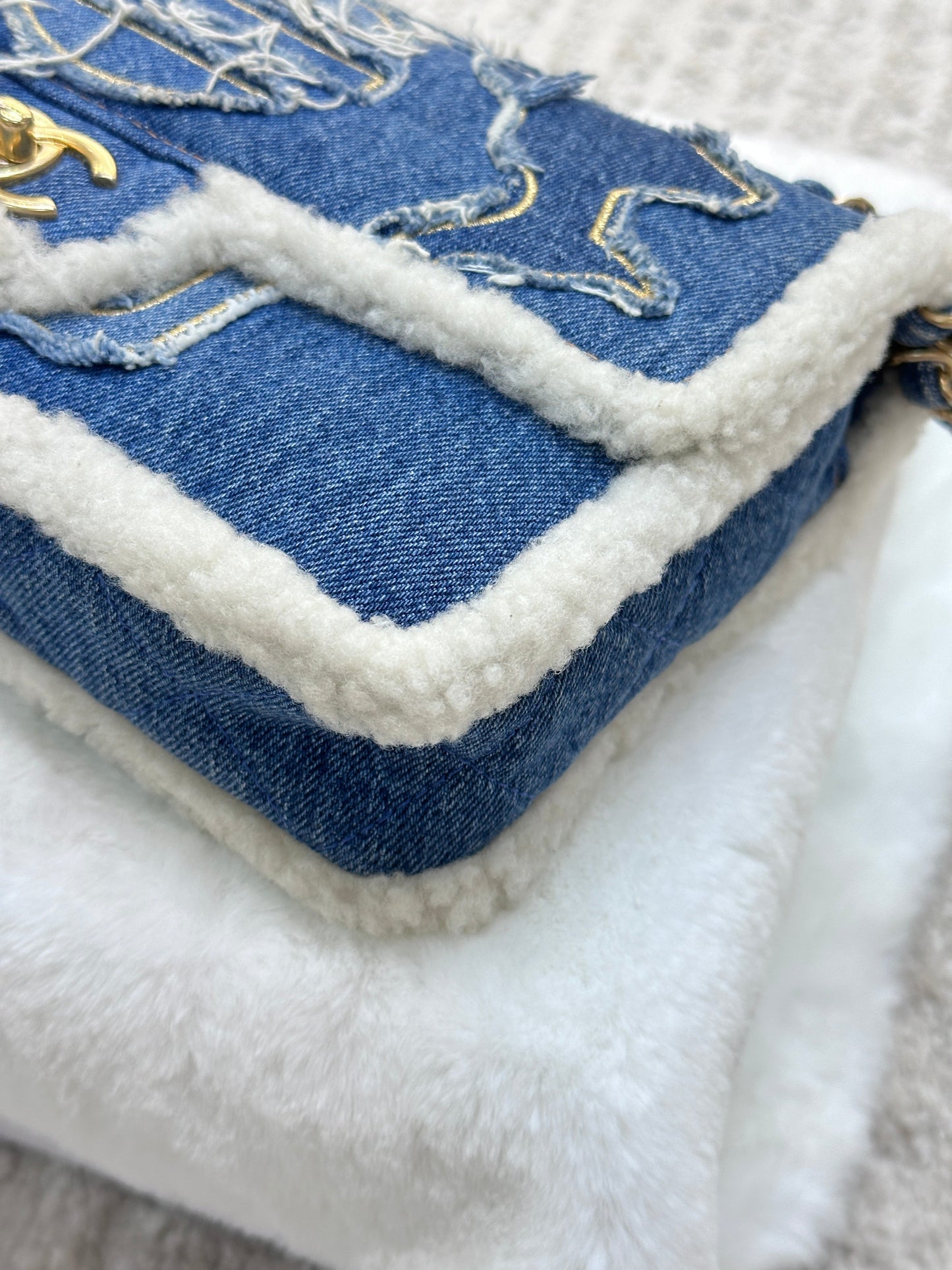 CHANEL Denim Shearling Hieroglyph Flap Blue