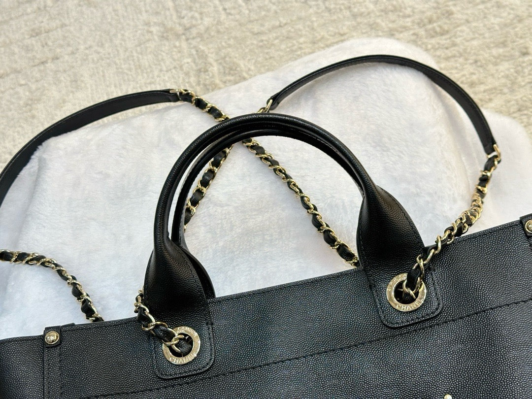 Chanel Small Deauville Caviar Tote Studded Black