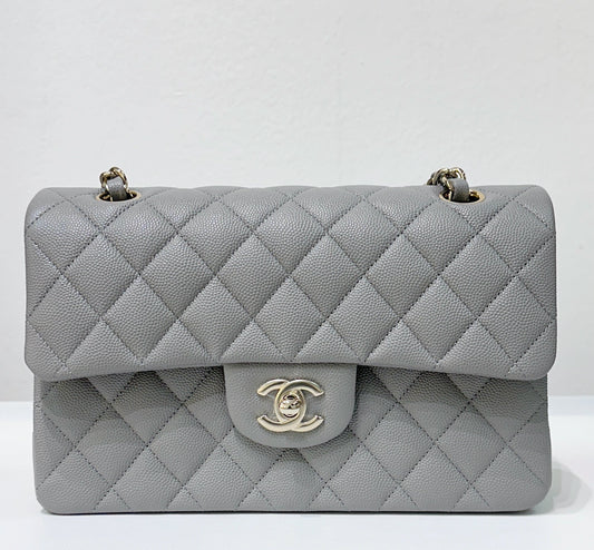 Chanel Small Caviar Quilted Double Flap Grey 21B Unused Condition