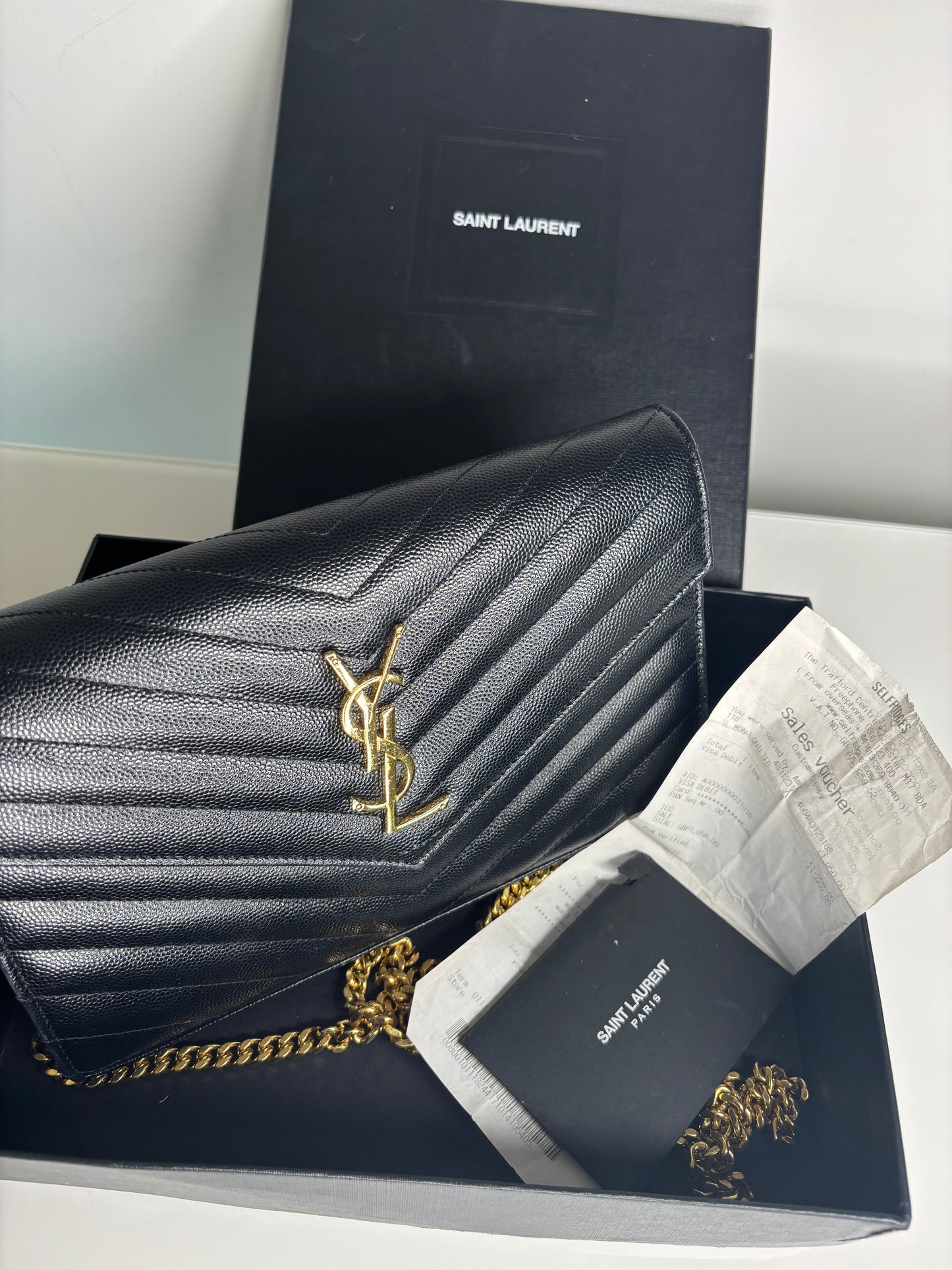 Saint Laurent Preloved YSL Cassandre Black Grain De Poudre Chain Wallet Cross-Body Bag