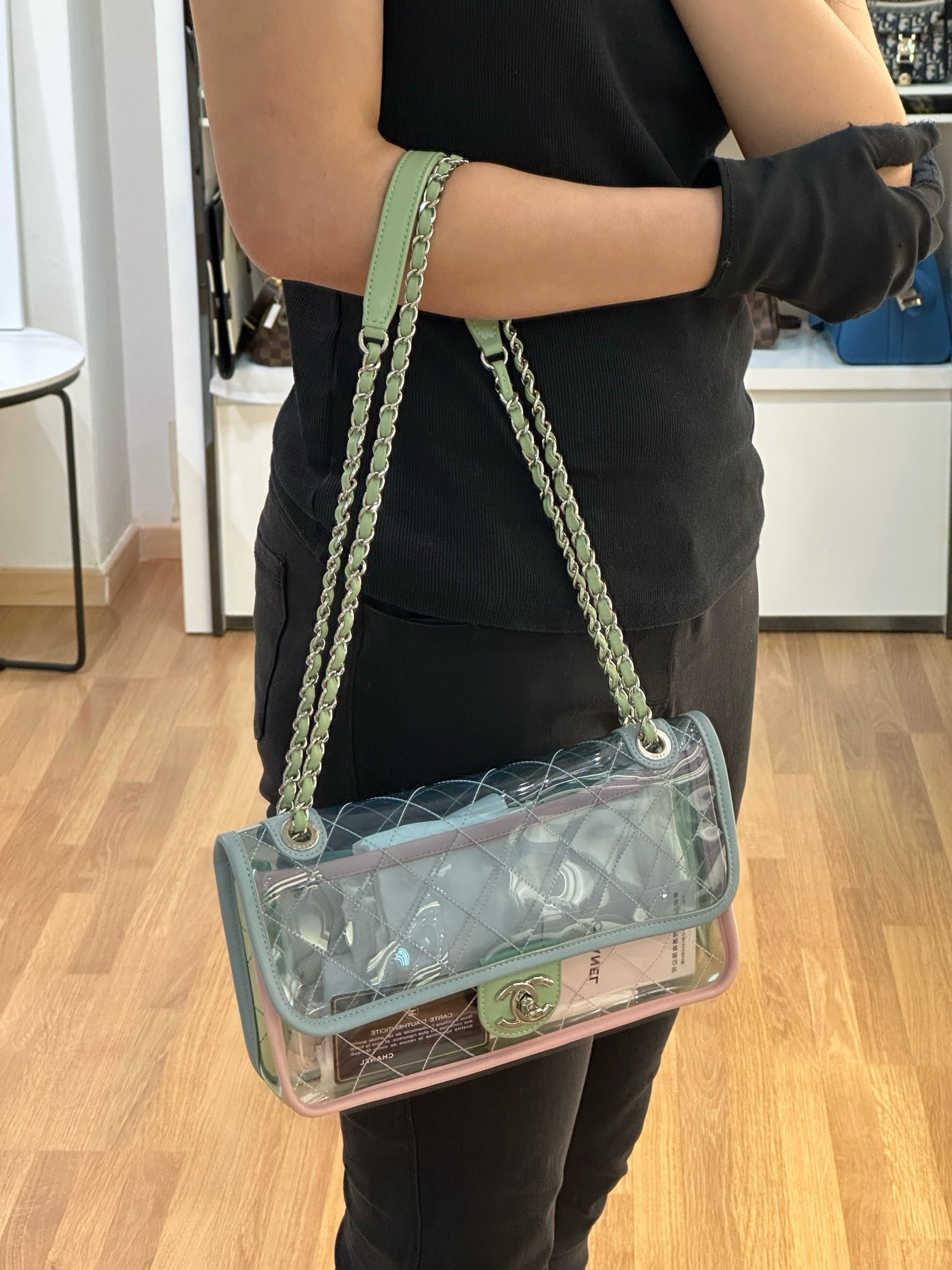 Chanel Coco Splash PVC Medium Flap Bag Pink/Blue/Green Holo card 2569