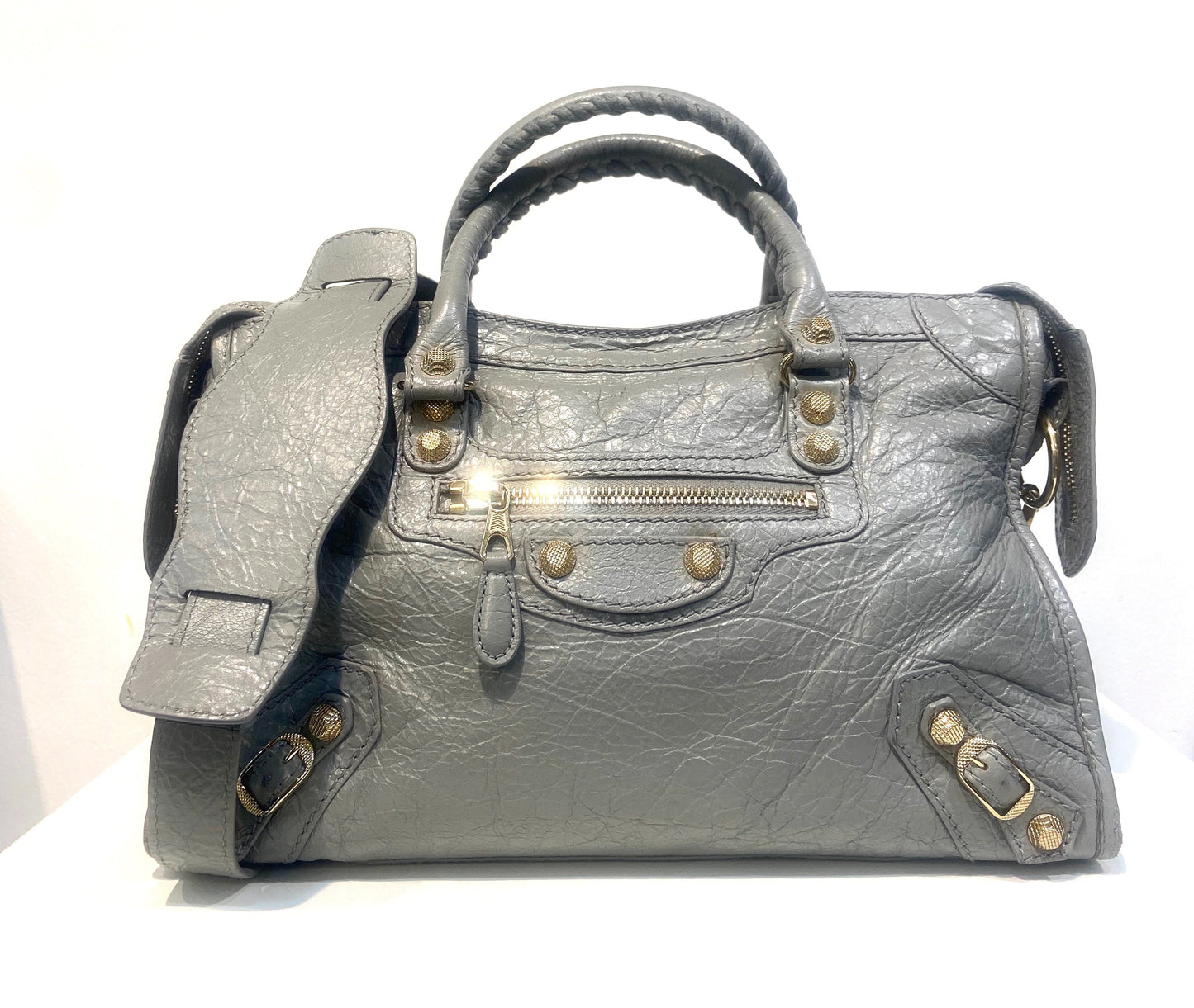 BALENCIAGA AGNEAU LAMBSKIN LEATHER MEDIUM CITY TOWN GRIS PYRITE BAG