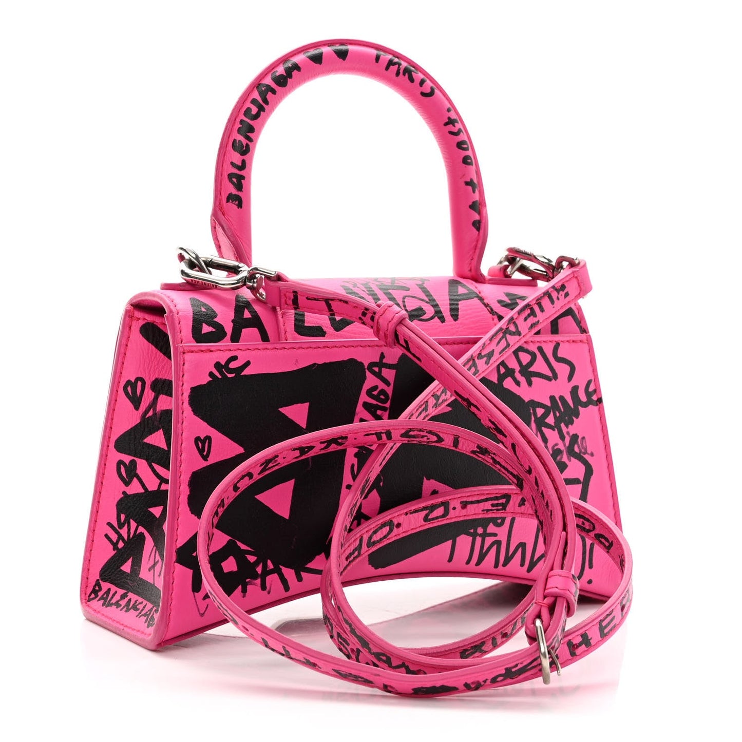 BALENCIAGA HOURGLASS XS GRAFFITI PRINTED CALFSKIN TOP HANDLE BAG