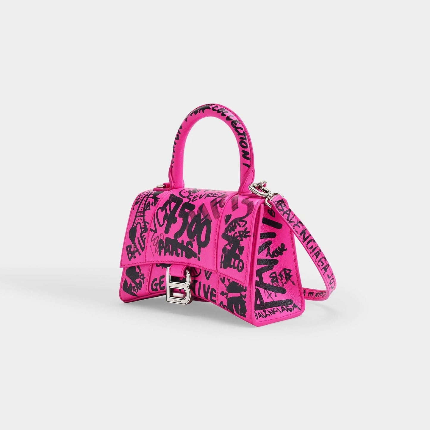 BALENCIAGA HOURGLASS XS GRAFFITI PRINTED CALFSKIN TOP HANDLE BAG