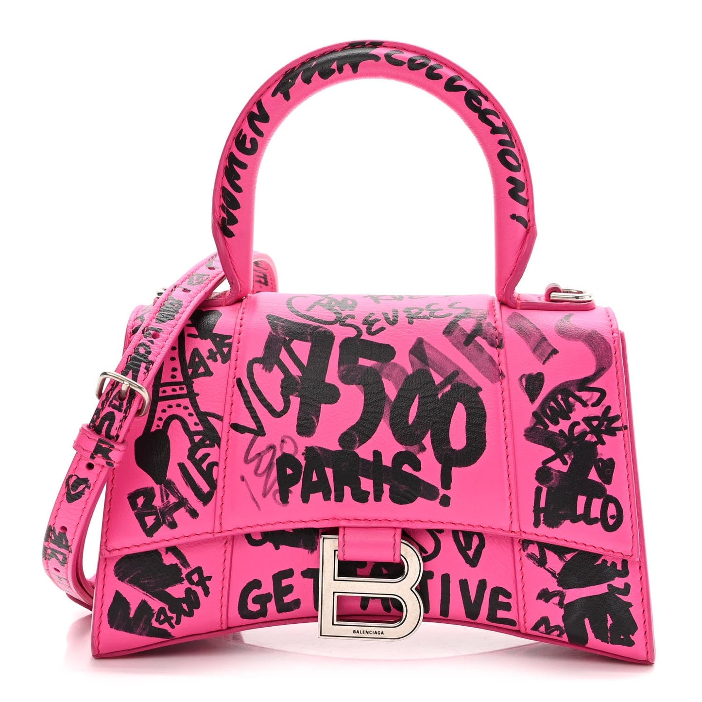 BALENCIAGA HOURGLASS XS GRAFFITI PRINTED CALFSKIN TOP HANDLE BAG