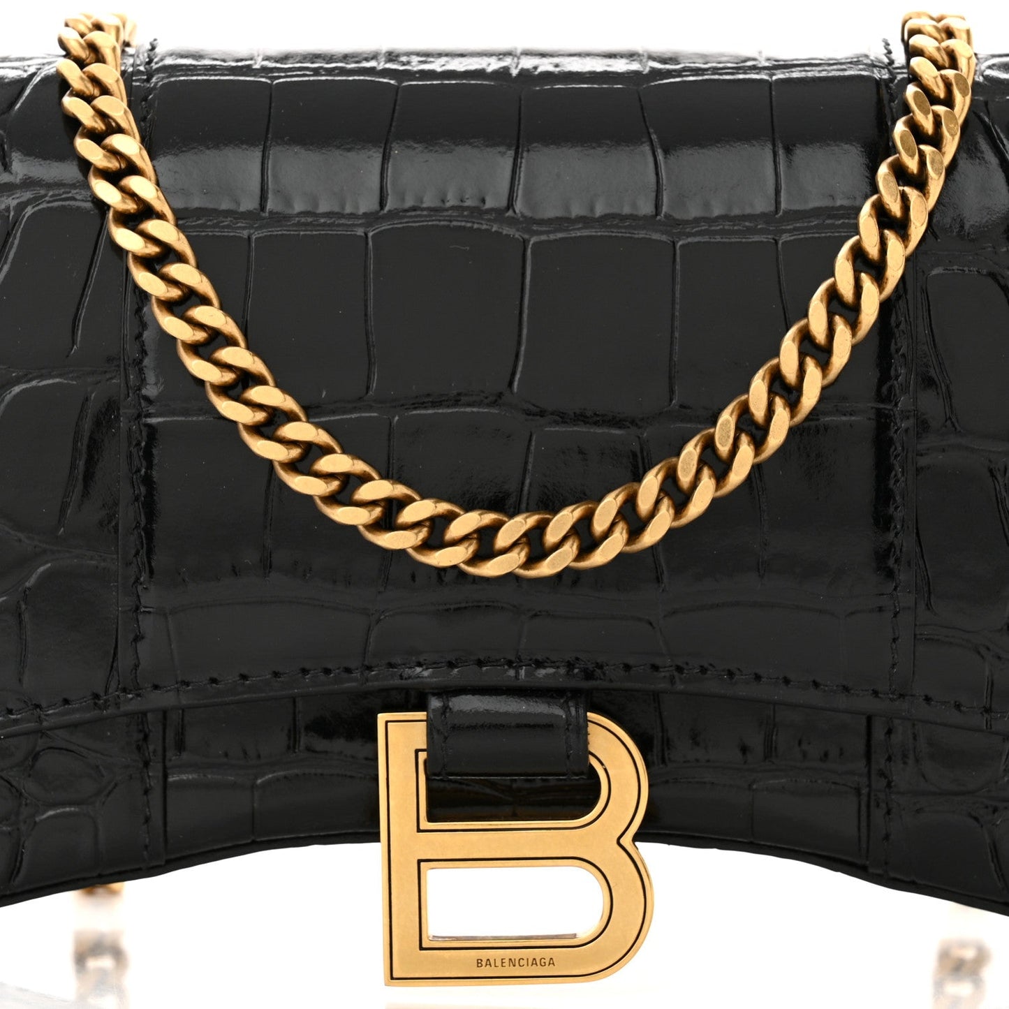BALENCIAGA HOURGLASS CROC EMBOSSED WALLET ON CHAIN