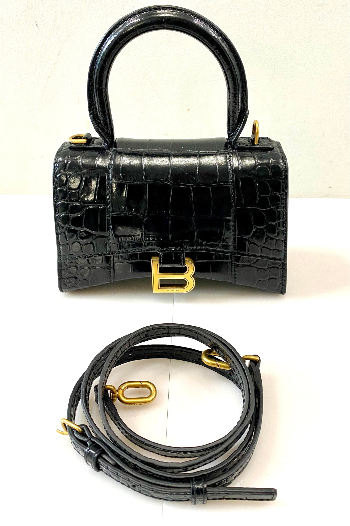 BALENCIAGA SHINY CALFSKIN CROC EMBOSSED MINI HOURGLASS BAG