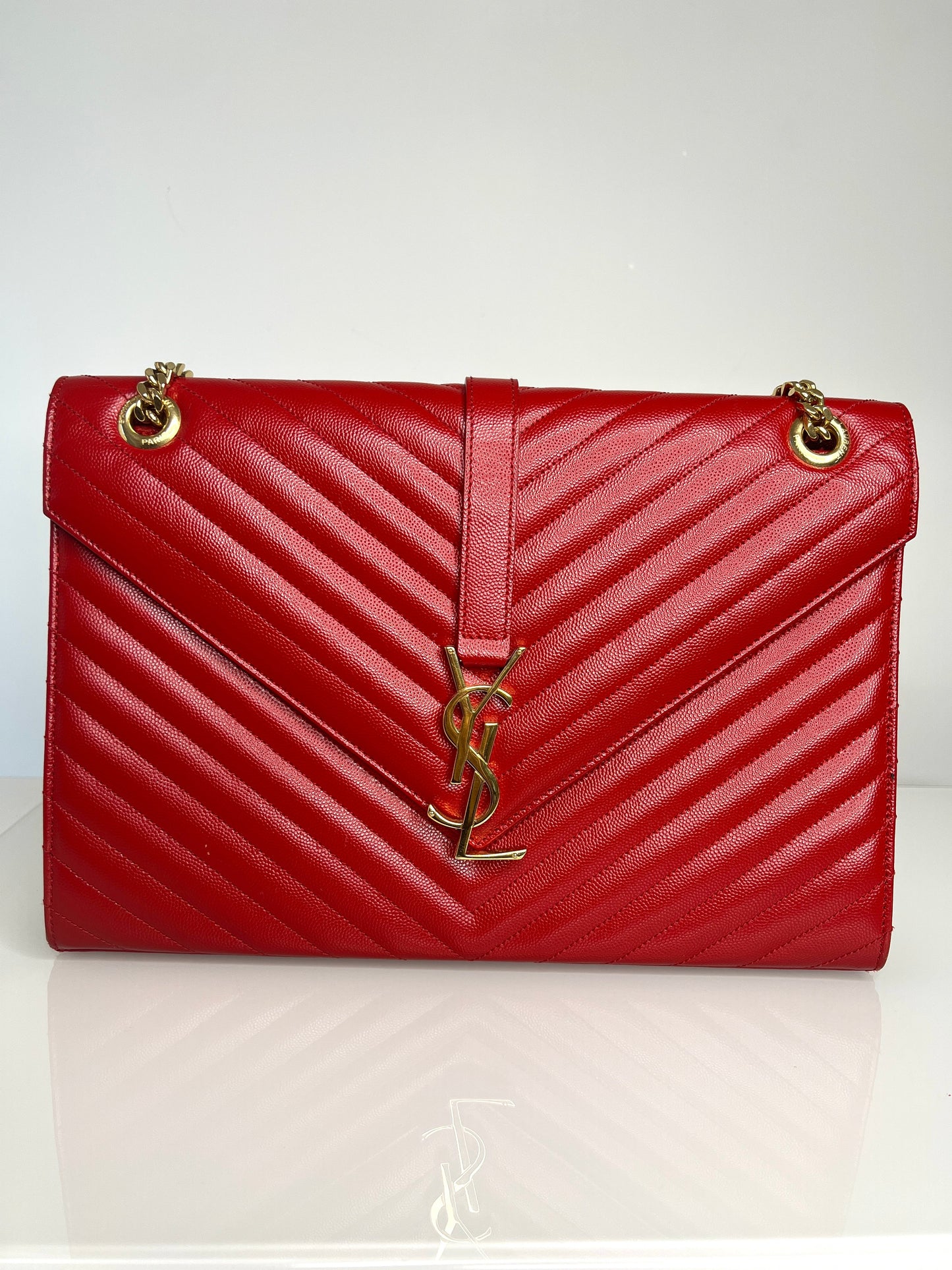 Saint Laurent YSL Pre-Loved Large Envelope Red Chevron Quilted Leather Shoulder Bag