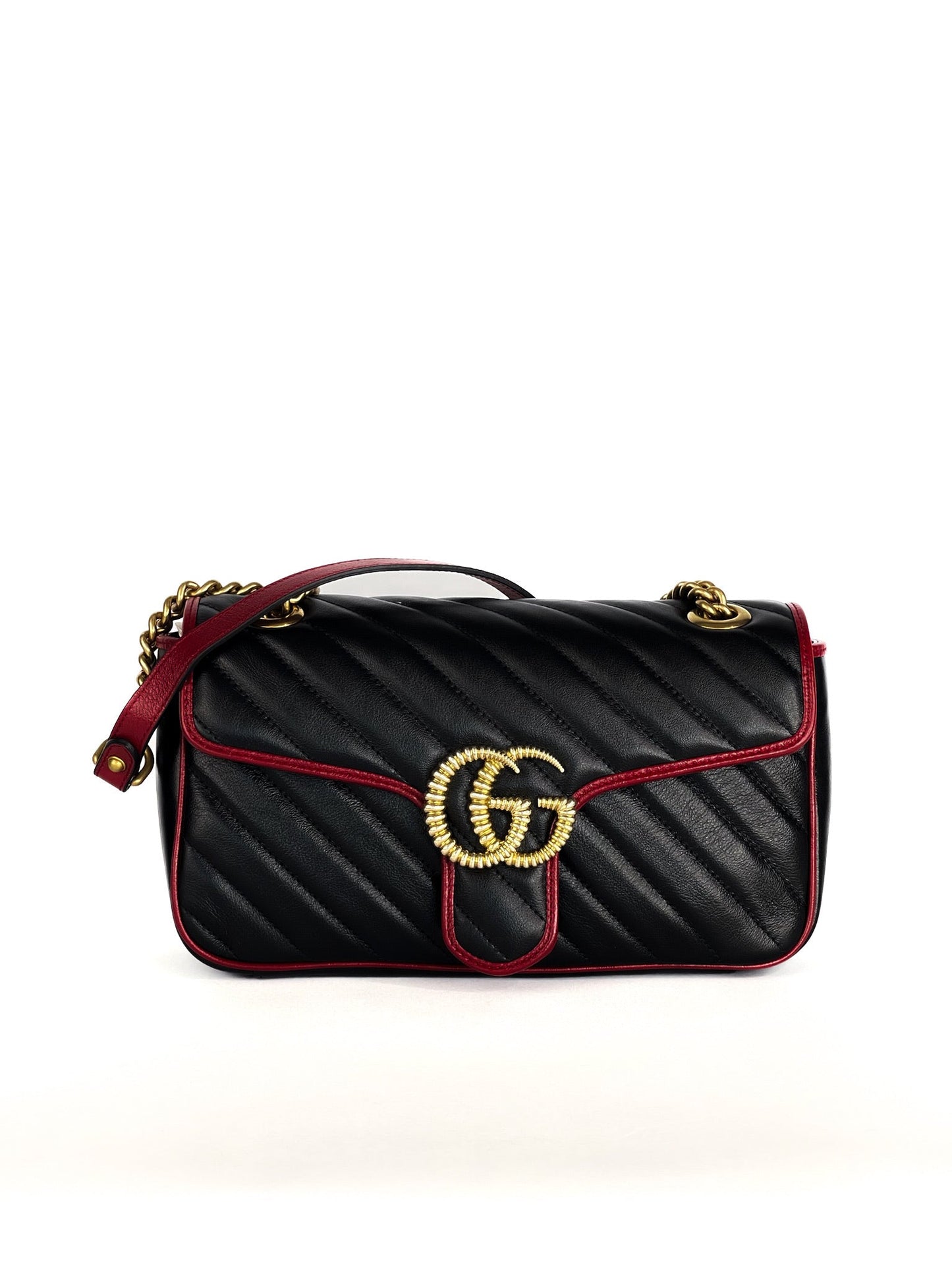 Gucci Calfskin Matelasse Diagonal Small Torchon GG Marmont Shoulder Bag Black Romantic Cherry