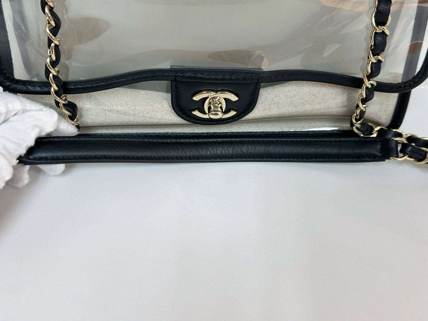 Chanel Medium Lambskin CoCo Sand PVC Sand By The Sea Flap With Pearl Strap Black 2745 holo card