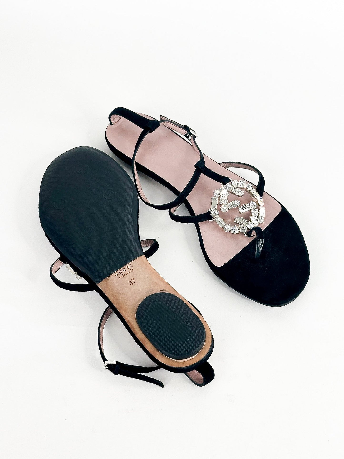 Gucci Black Suede GG Interlocking Crystal Embellished Flat Sandals Size 37