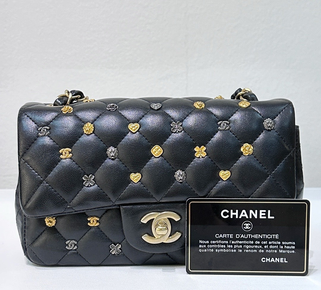 Chanel Mini Rectangular Lambskin Quilted Studded Flap Black