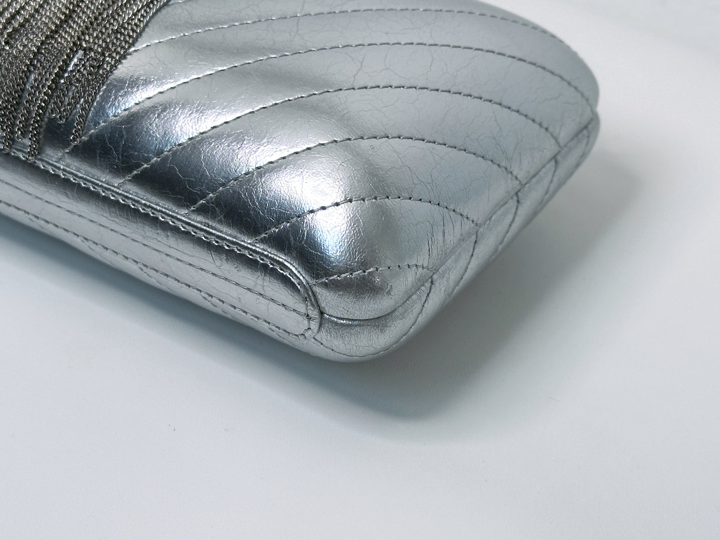 Chanel Silver Chain Fringe Leather Clutch Bag Silvery 2572 holo