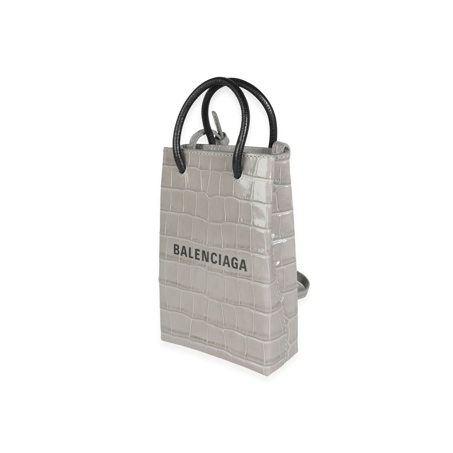 BALENCIAGA STEEL GREY CROC-EMBOSSED SHOPPING PHONE HOLDER BAG