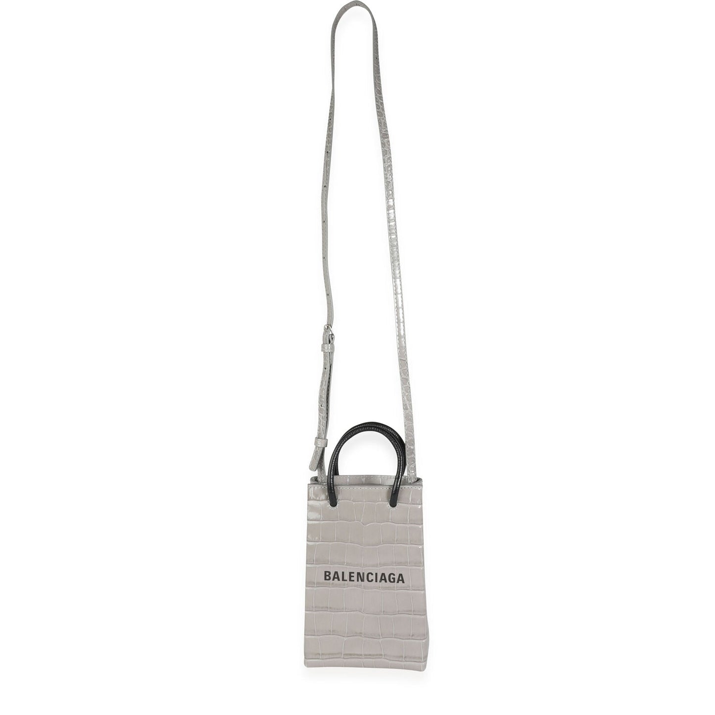 BALENCIAGA STEEL GREY CROC-EMBOSSED SHOPPING PHONE HOLDER BAG