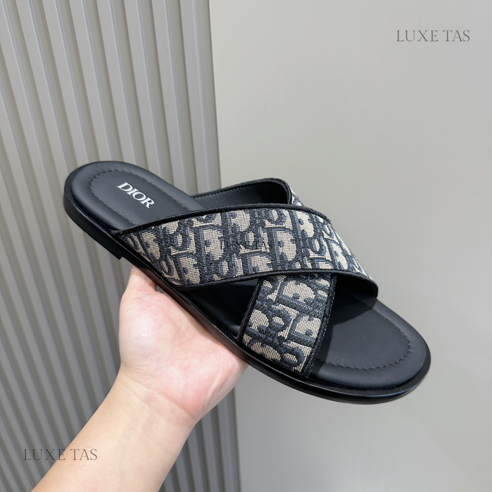 Beige and Black Oblique Jacquard D Alias Sandal Designer Slides & Sandals for Men