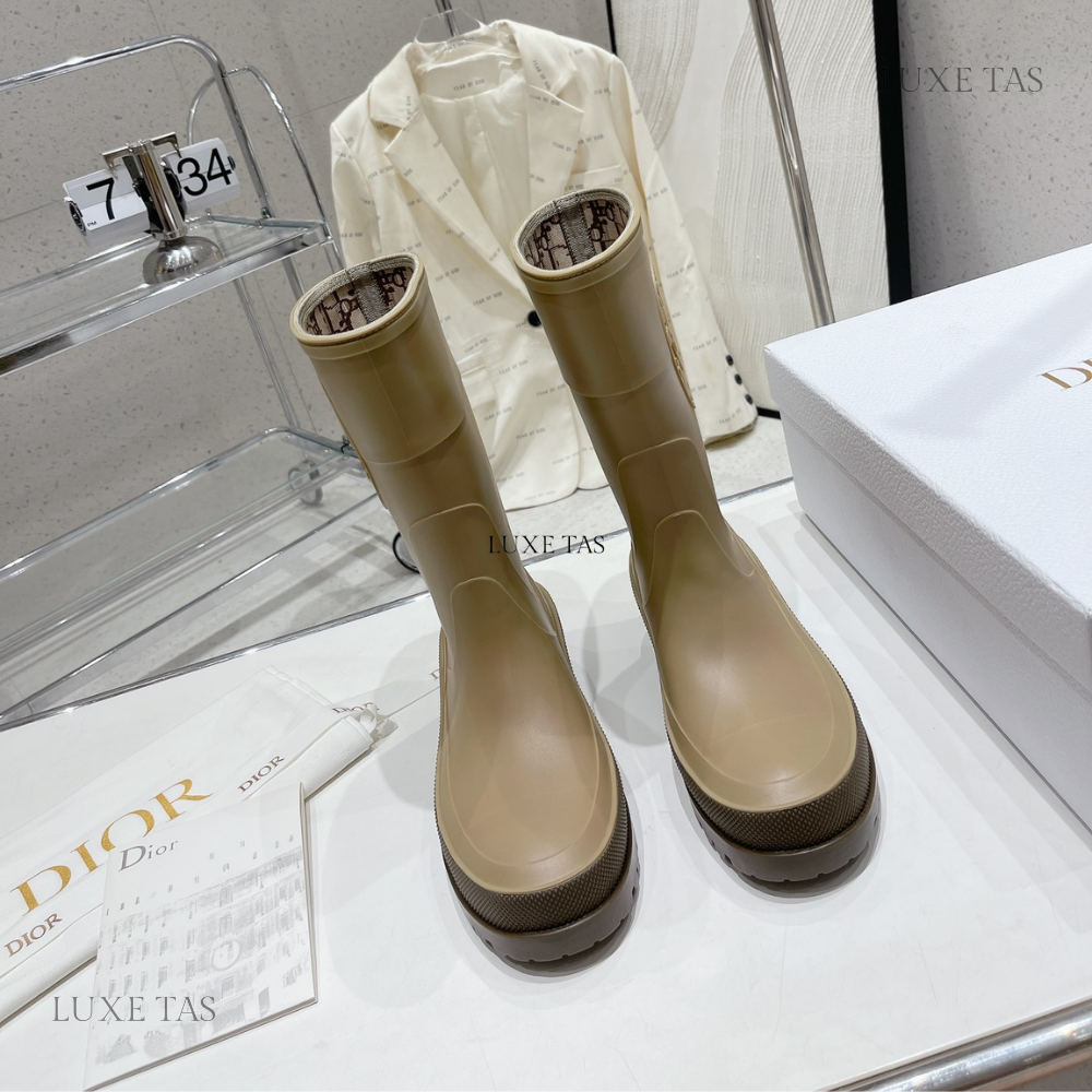 Beige and Brown Two-Tone Rubber DRunion Rain Boot - Designer Boots & Ankle Boots for Women