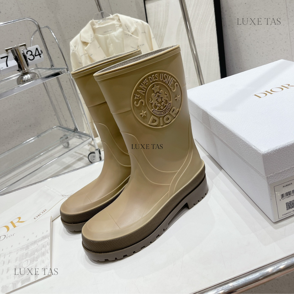 Beige and Brown Two-Tone Rubber DRunion Rain Boot - Designer Boots & Ankle Boots for Women
