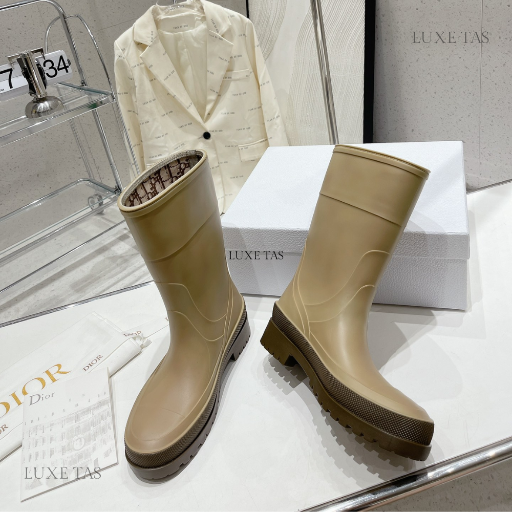 Beige and Brown Two-Tone Rubber DRunion Rain Boot - Designer Boots & Ankle Boots for Women