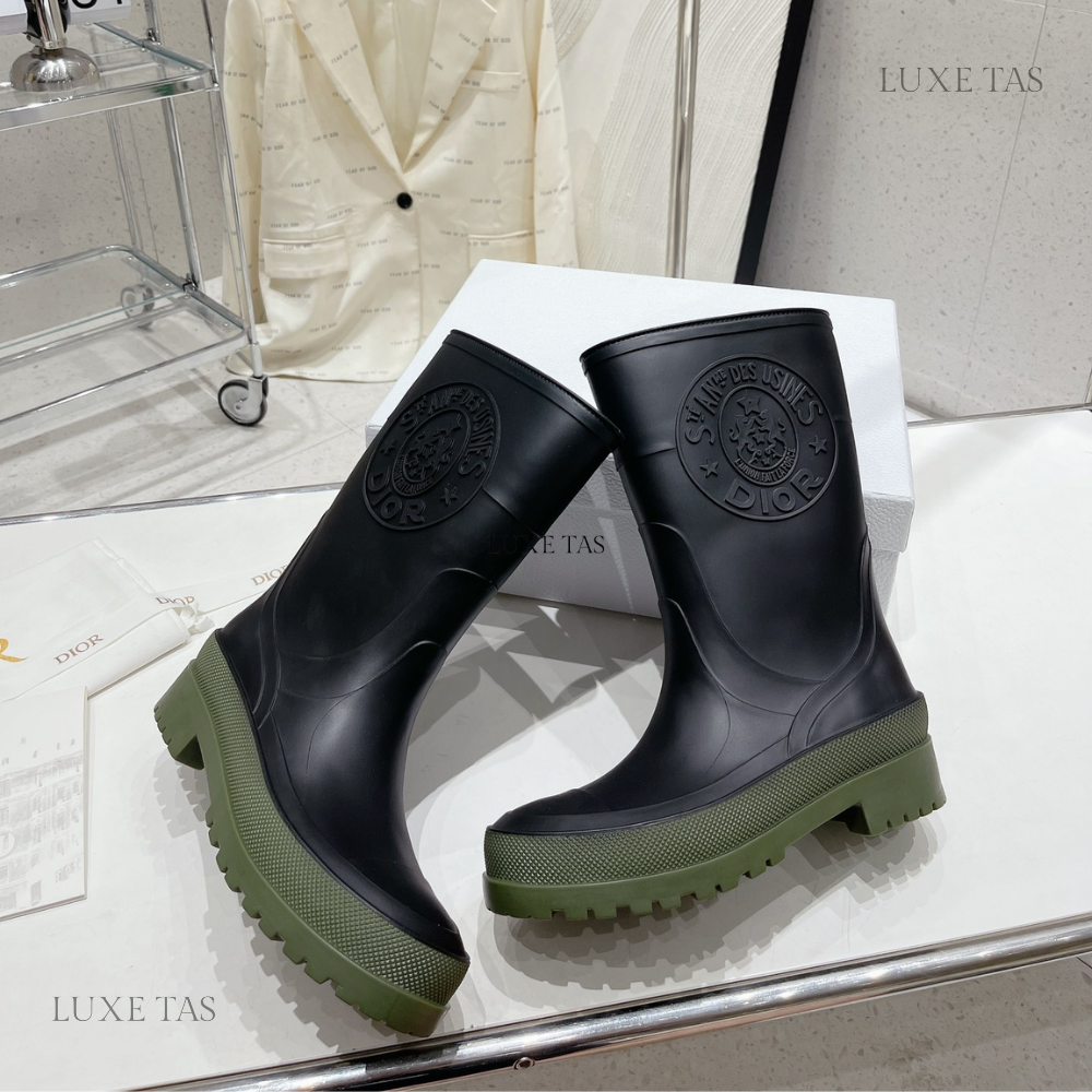 Black and Khaki Two-Tone Rubber DRunion Rain Boot - Designer Boots & Ankle Boots for Women