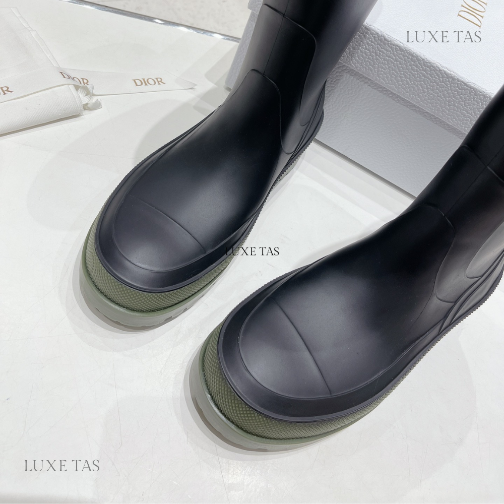 Black and Khaki Two-Tone Rubber DRunion Rain Boot - Designer Boots & Ankle Boots for Women