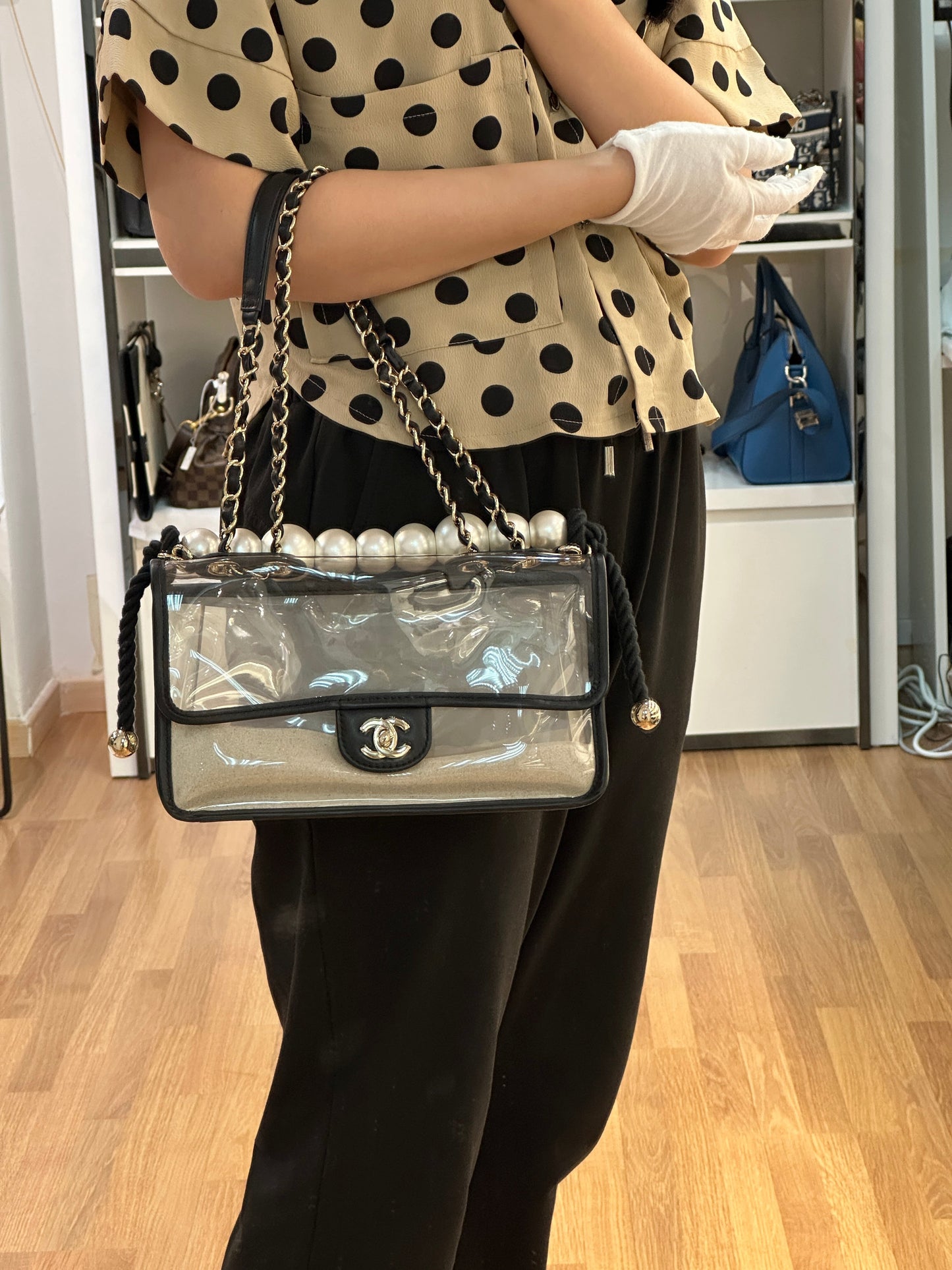 Chanel Medium Lambskin CoCo Sand PVC Sand By The Sea Flap With Pearl Strap Black 2745 holo card