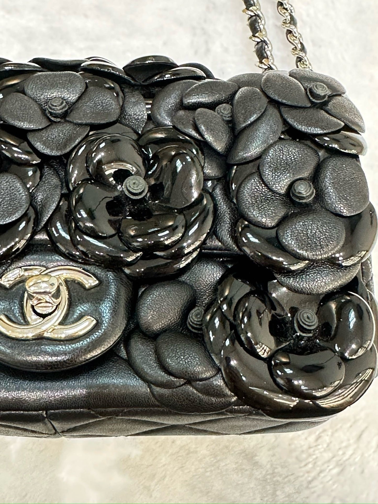 Chanel Mini Limited Edition Black Camellia Lambskin Flap Bag