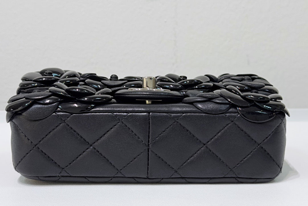 Chanel Mini Limited Edition Black Camellia Lambskin Flap Bag