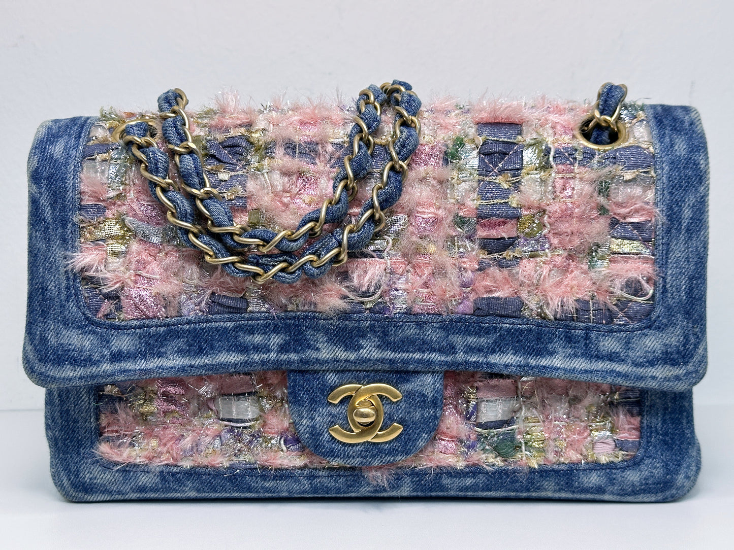 Chanel Pink, Silver, and Gold Tweed and Denim Medium Classic Double Flap Gold Hardware, 2016
