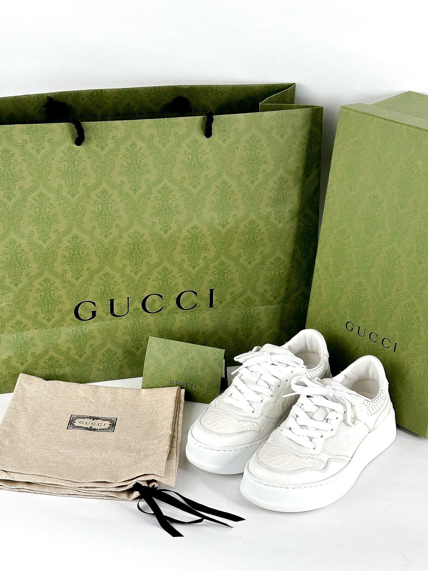 Gucci White Leather GG Embossed Perforated Leather Trainers Sneakers Size 35